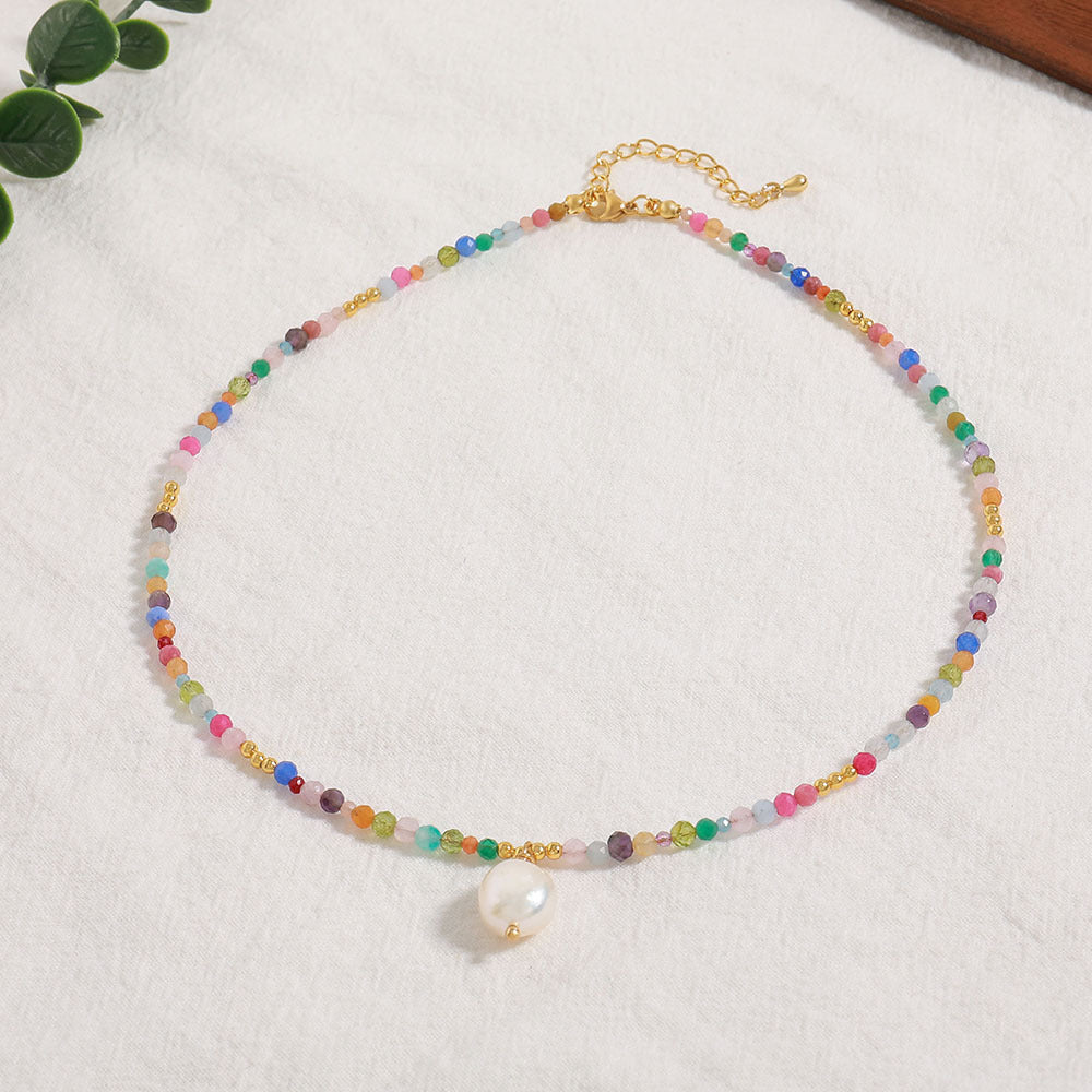 Colored natural zircon pearl pendant handcrafted beaded necklace