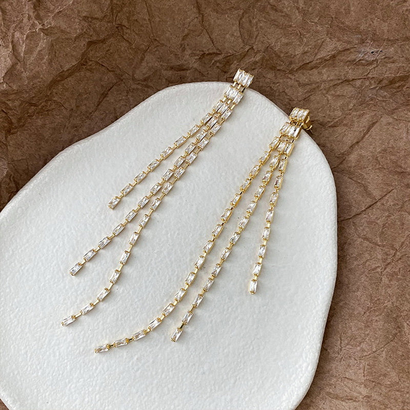 925 silver needle and diamond-encrusted tassel long earrings