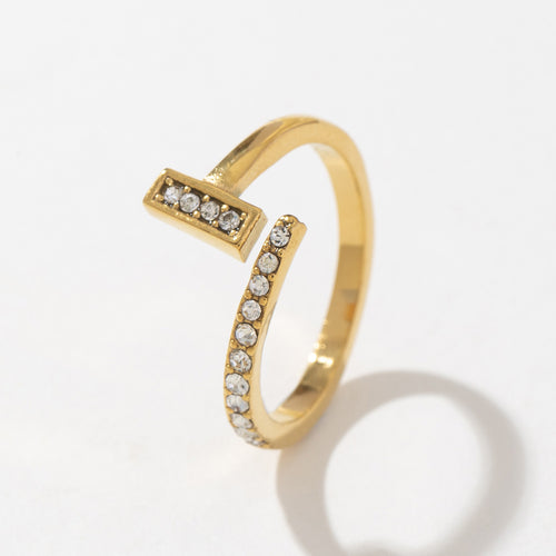 Stainless steel slightly set zircon T-shaped opening ring