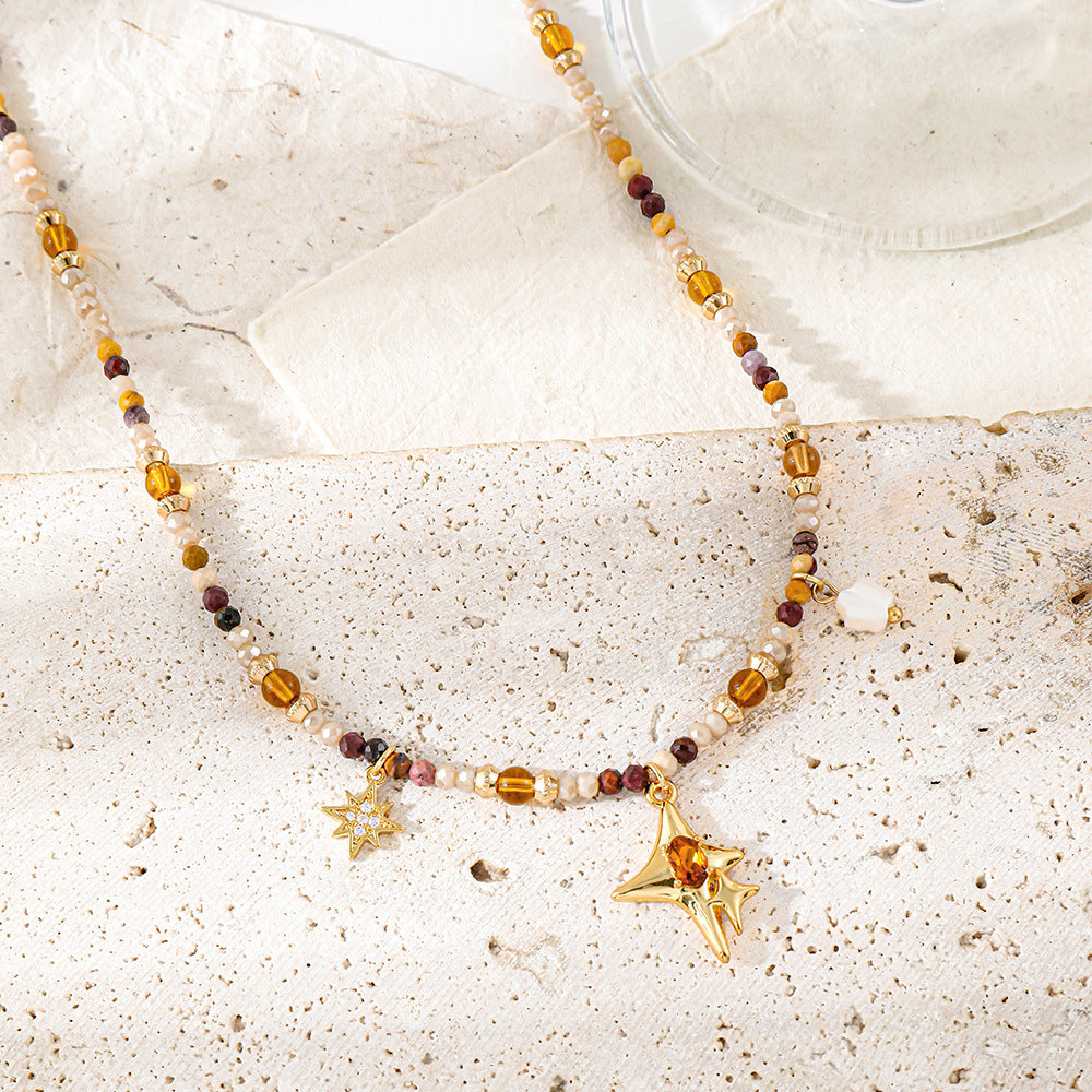 Colored natural stone beaded starburst pendant necklace