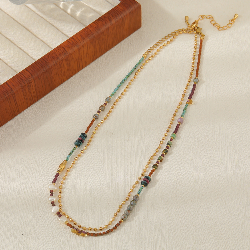 Colored natural stone freshwater pearl string necklace