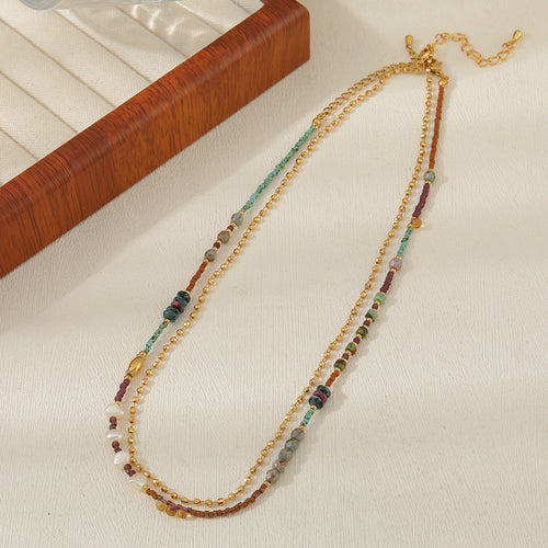 Colored natural stone freshwater pearl string necklace