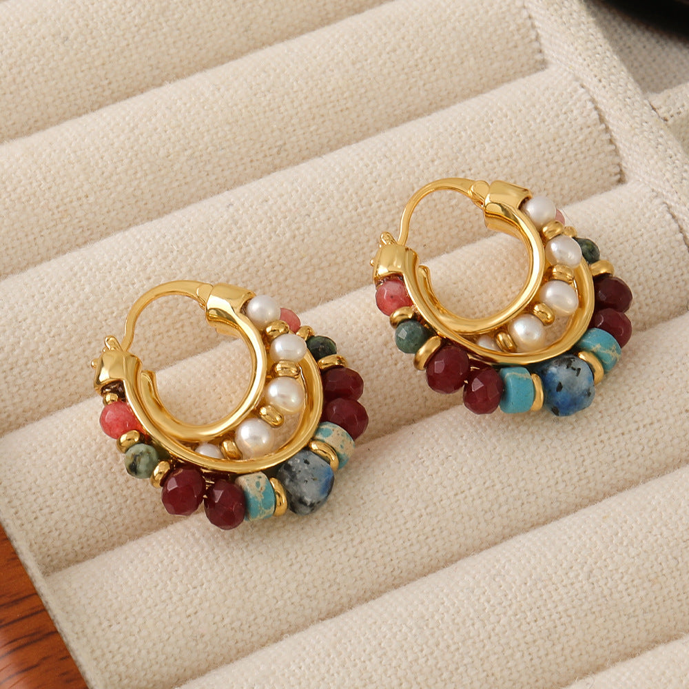 Colored frisbee beaded C-shaped earrings