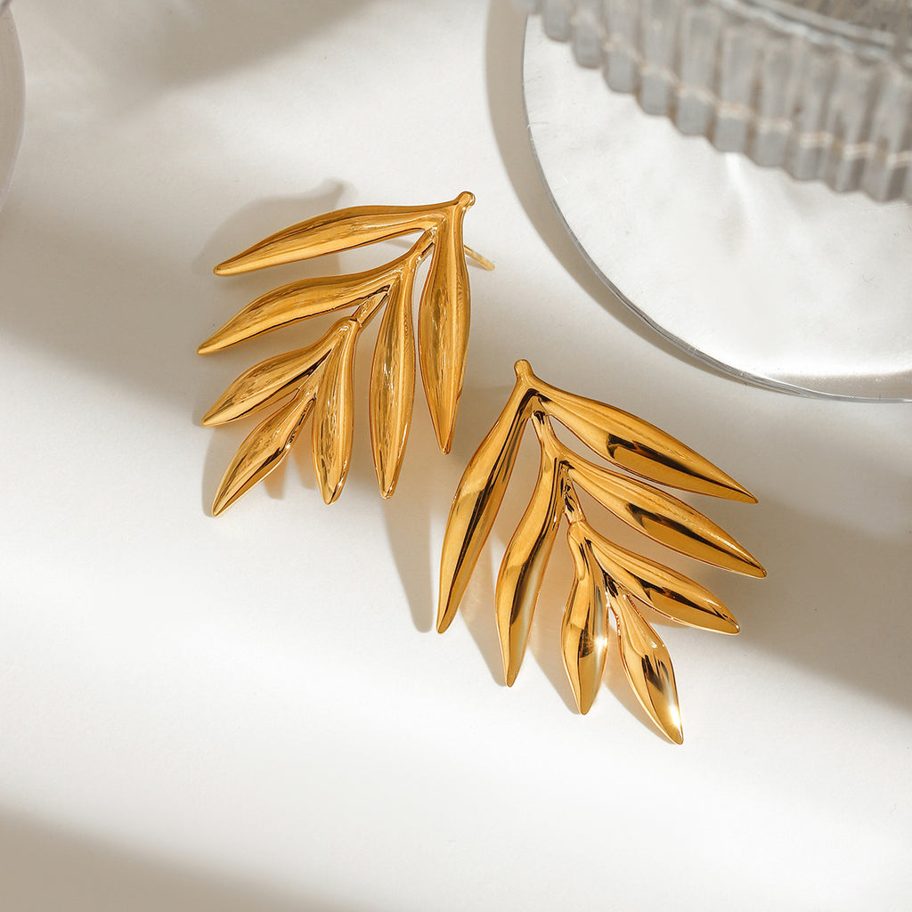 18K gold stainless steel glossy leaf earrings