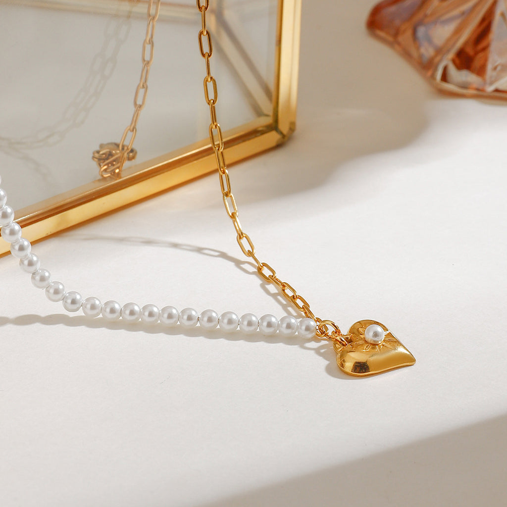 Stainless steel chain, pearl chain, heart-shaped pendant necklace