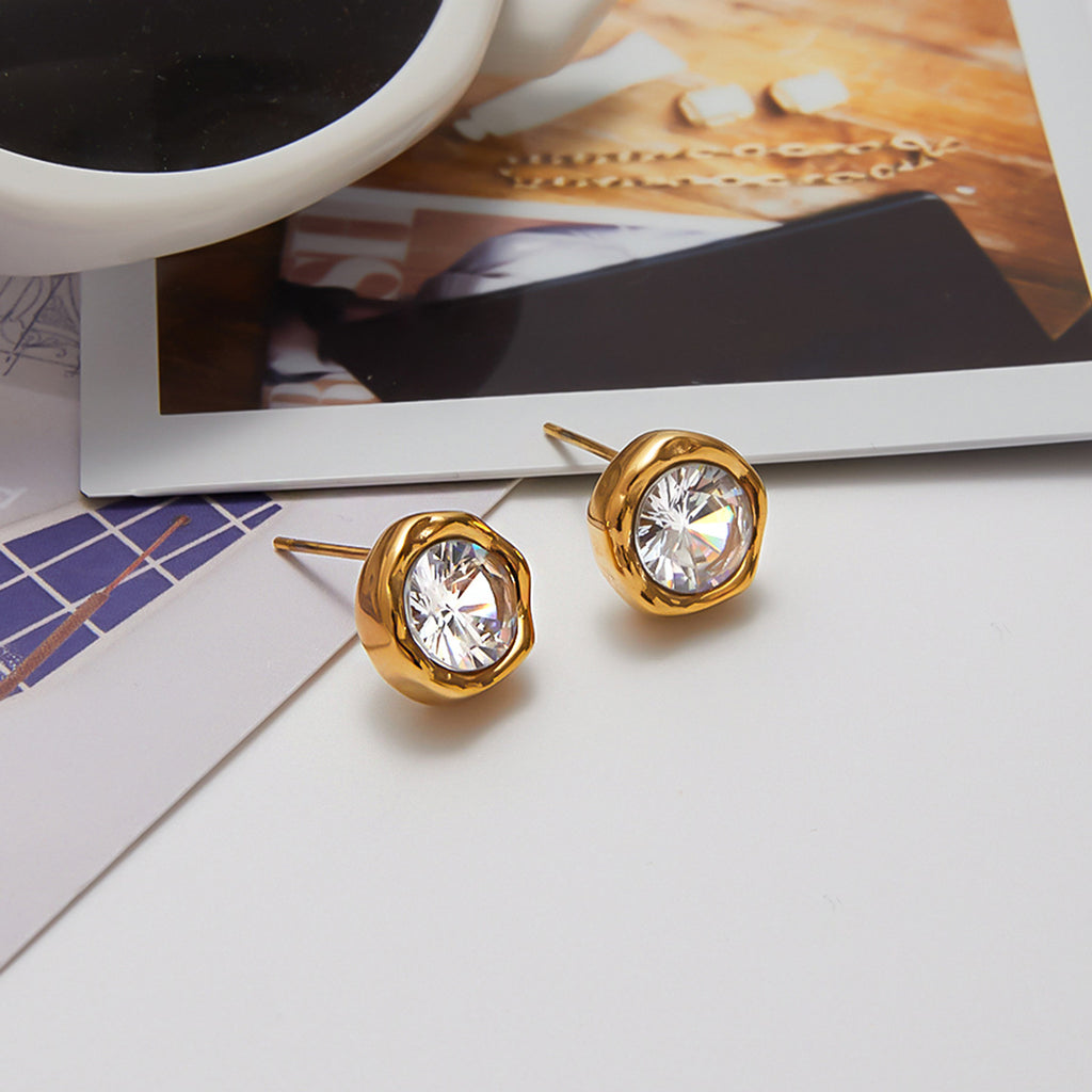 18K gold stainless steel round white zircon earrings