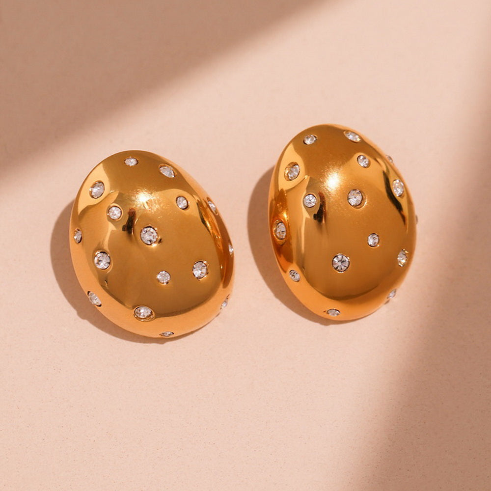 Stainless steel oval earrings with zircon smooth surface