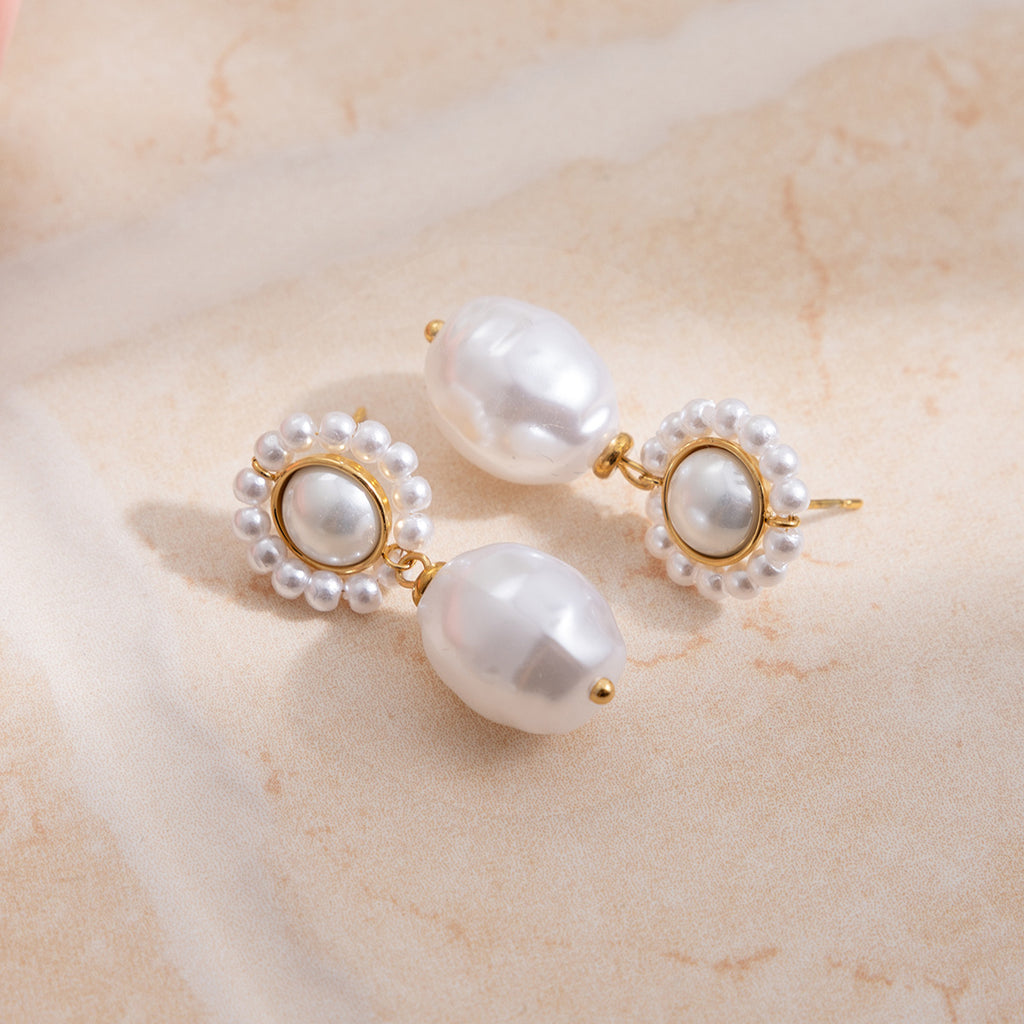 Pearl sunflower pendant stainless steel earrings