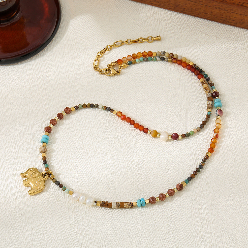 Red agate, natural freshwater pearl, hand-beaded necklace