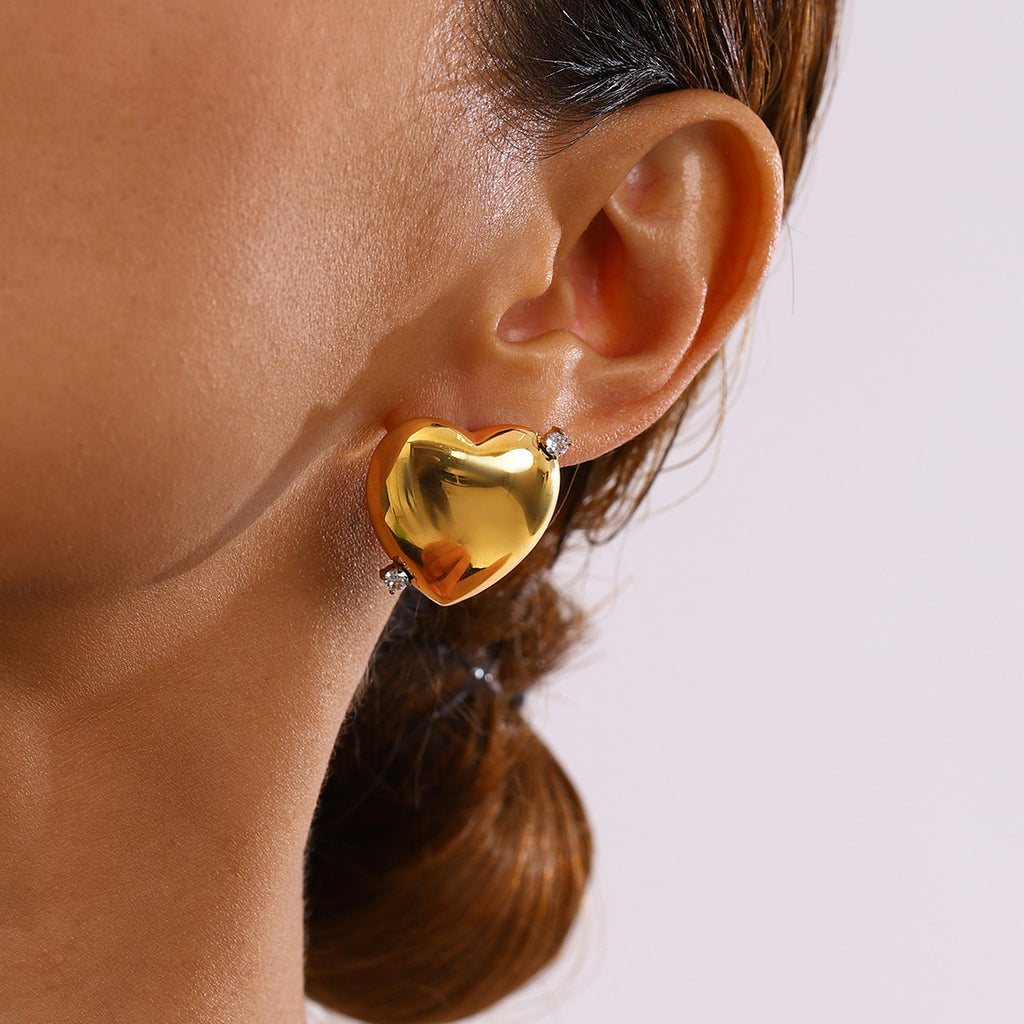 Stainless steel 18K gold heart-shaped smooth diamond-encrusted earrings