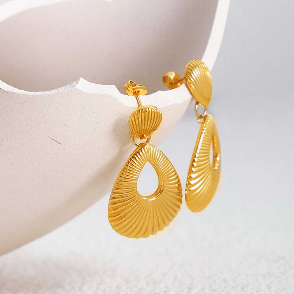 Stainless steel threaded teardrop-shaped perforated earrings
