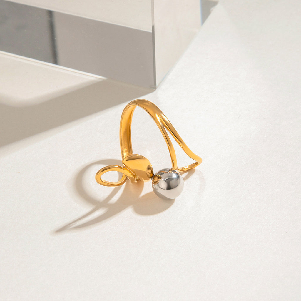 Stainless steel gold and silver color-matched irregular hollowed-out steel ball ring