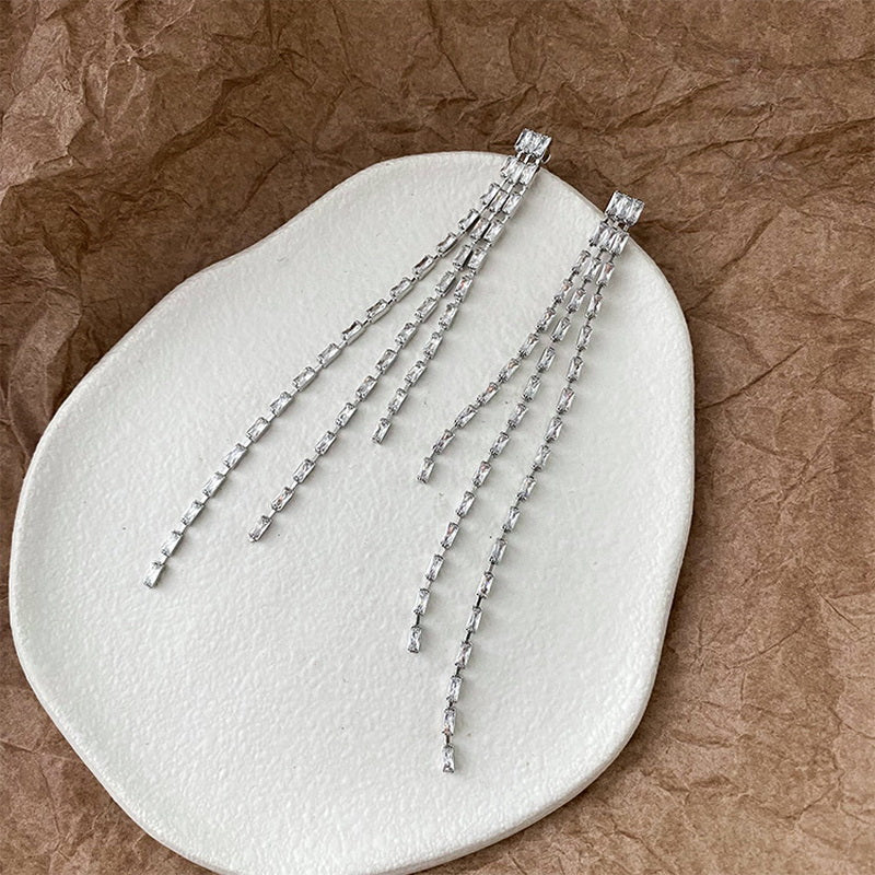 925 silver needle and diamond-encrusted tassel long earrings