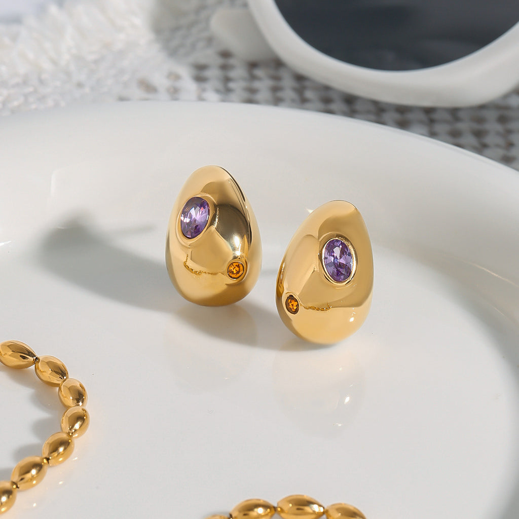 Stainless steel bean ear studs with zirconium inlaid