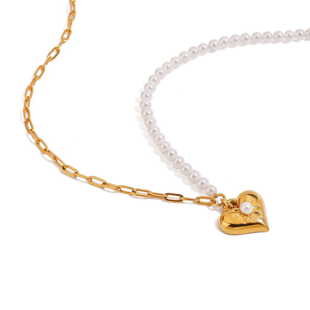 Stainless steel chain, pearl chain, heart-shaped pendant necklace
