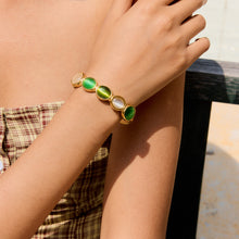 Load image into Gallery viewer, 18K gold stainless steel green and white cat&#39;s eye open bracelet