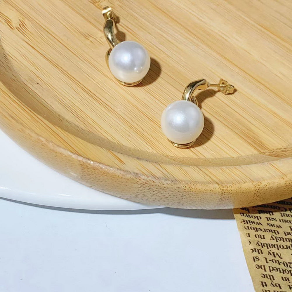 Golden stainless steel round pearl glass bead earrings