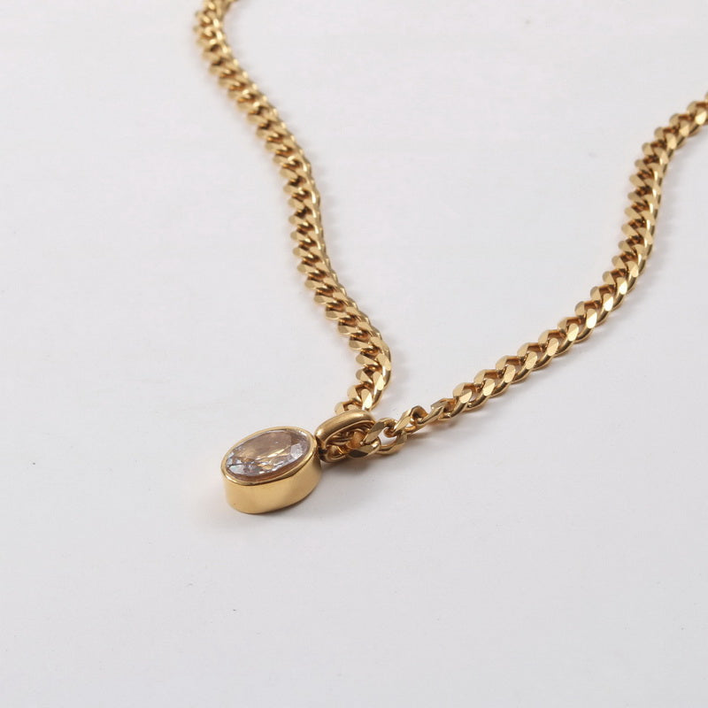 18K gold stainless steel oval zircon pendant thick chain necklace