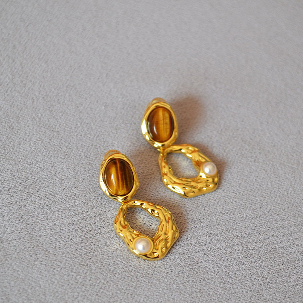 Water-drop tiger's eye stone brass gold-plated earrings
