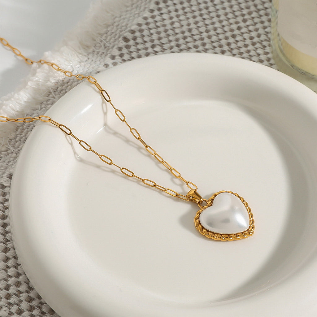 Imitation pearl heart-shaped pendant stainless steel necklace