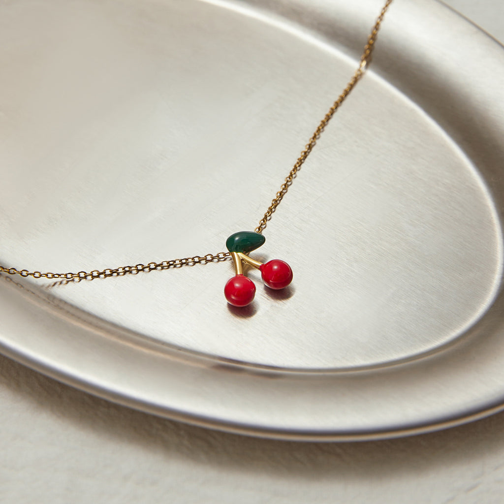 Stainless steel red cherry pendant necklace