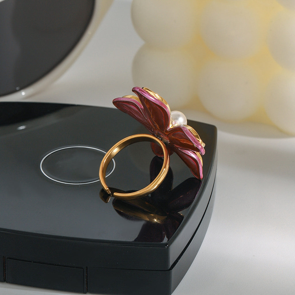 Stainless steel flower pearl ring