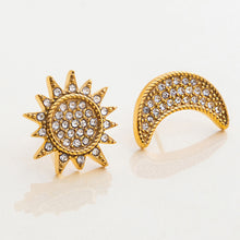 Load image into Gallery viewer, 18K gold stainless steel moon and sun earrings with white diamonds