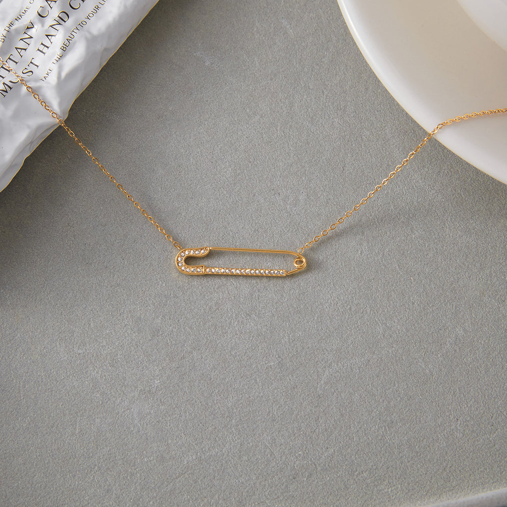 Golden stainless steel white diamond paperclip necklace
