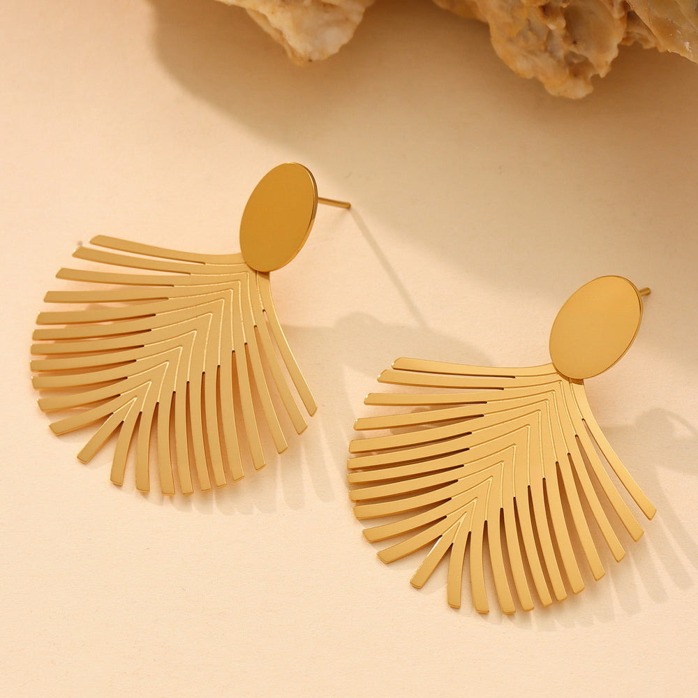 Golden stainless steel ocean beach leaf tree texture earrings