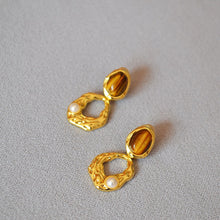Load image into Gallery viewer, Water-drop tiger&#39;s eye stone brass gold-plated earrings