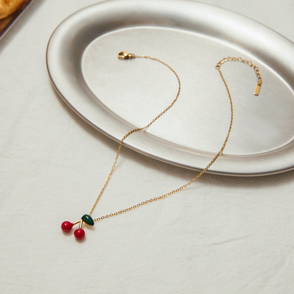 Stainless steel red cherry pendant necklace
