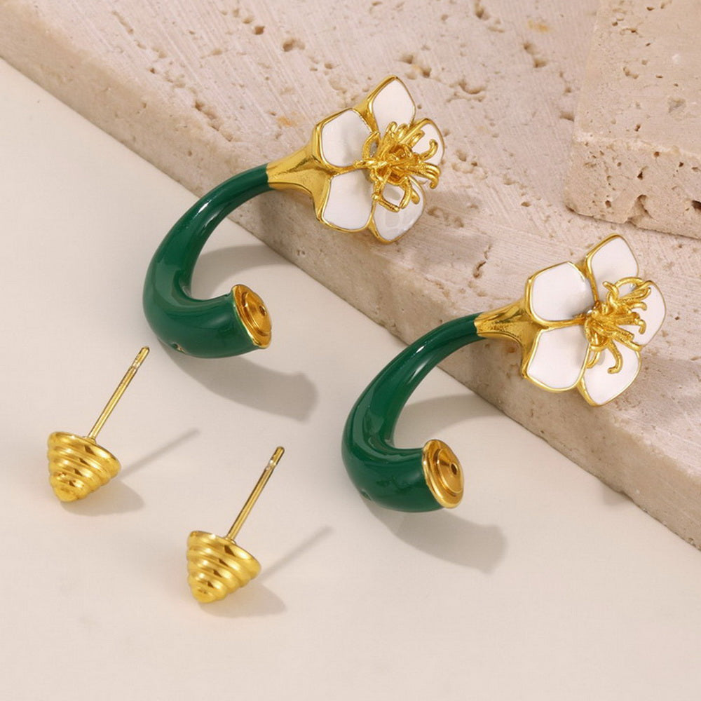 Stainless steel 18K gold-plated threaded enamel oil drip camellia double-sided stud earrings