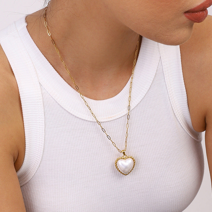 Imitation pearl heart-shaped pendant stainless steel necklace