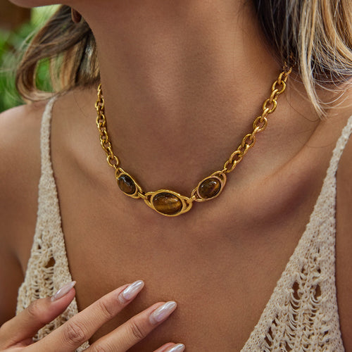 Tiger's eye gold stainless steel necklace