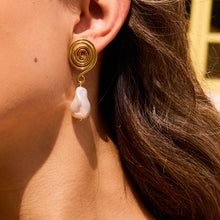 Load image into Gallery viewer, 18K gold stainless steel spiral circle imitation pearl pendant earrings