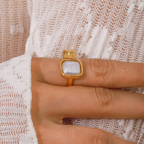 Stainless steel square imitation pearl ring