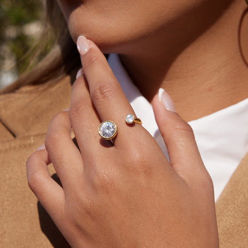 A golden stainless steel zircon ring