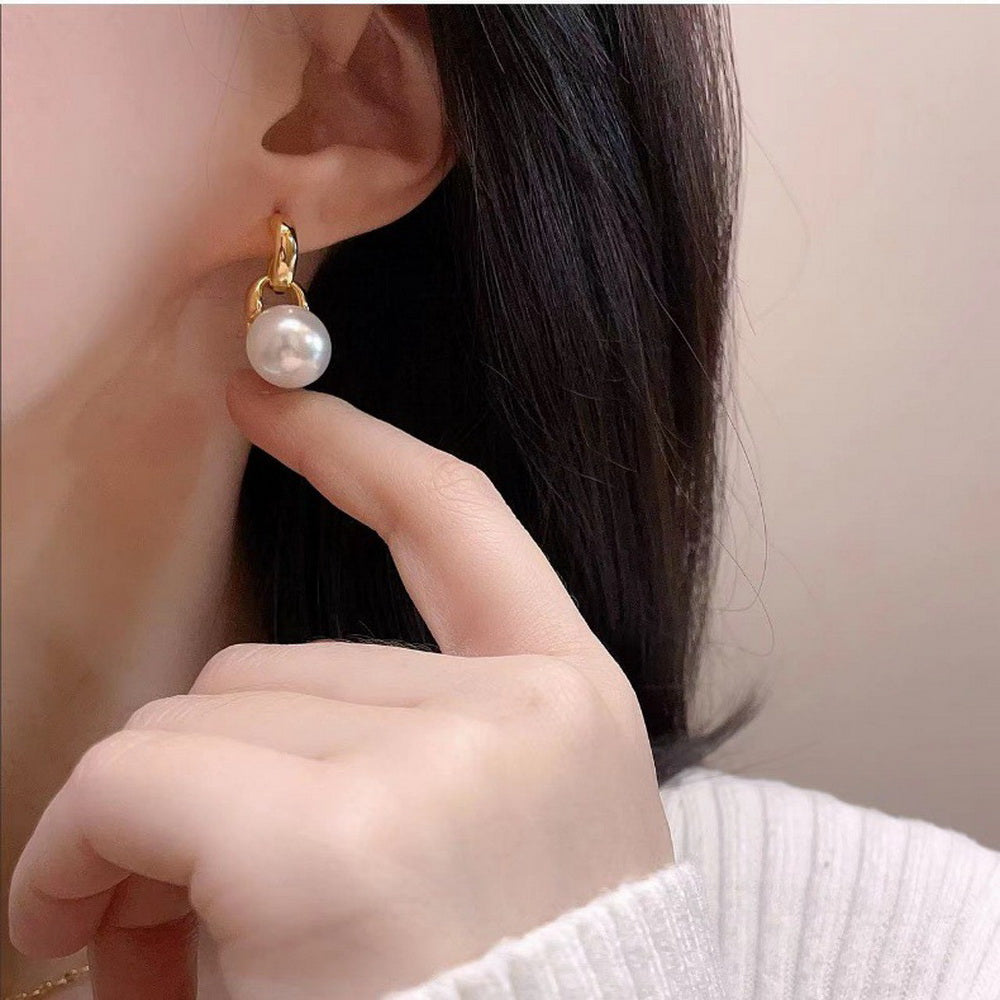 Golden stainless steel round pearl glass bead earrings