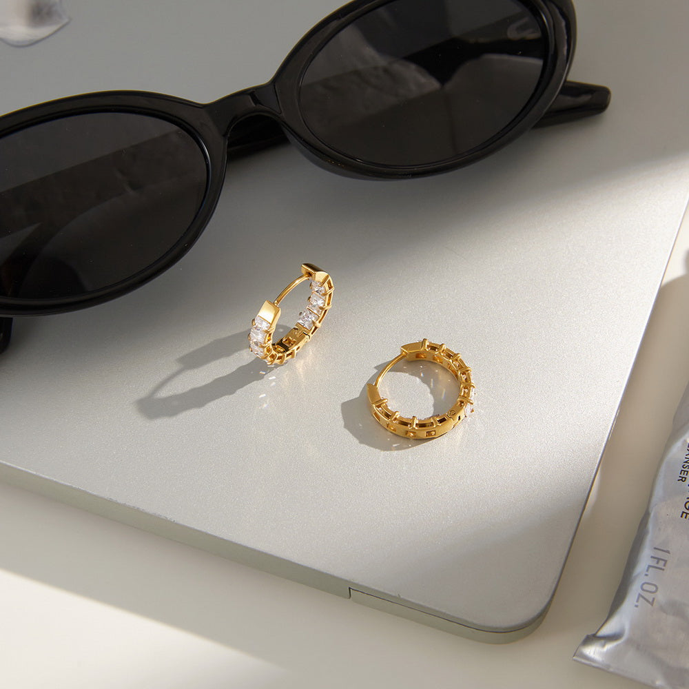 Golden stainless steel and white zircon earrings