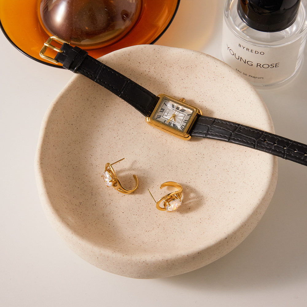 Golden stainless steel and white zircon stud earrings