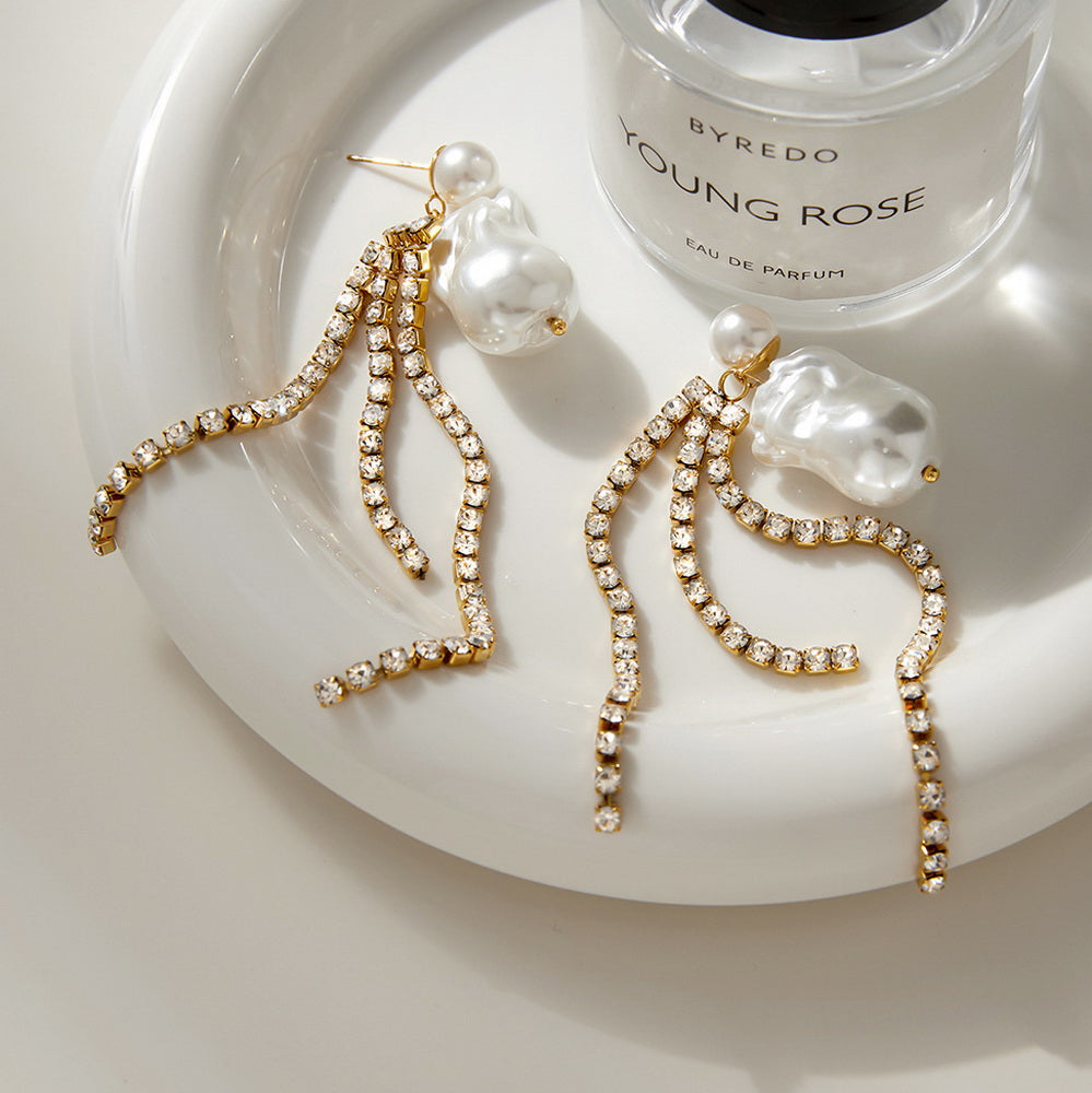 Golden stainless steel, white rhinestone tassels, Baroque pearl earrings