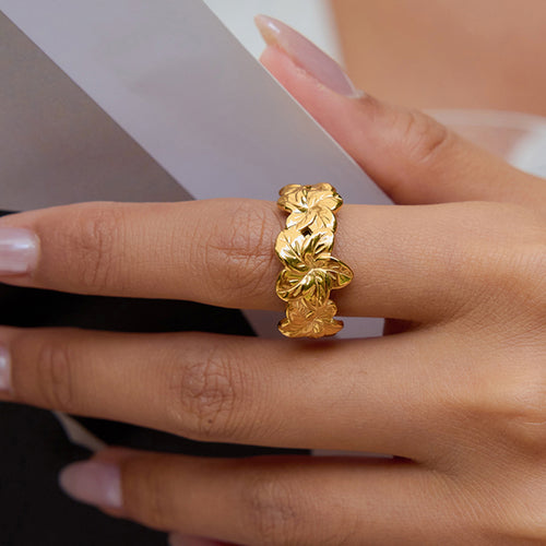 Golden stainless steel flower ring