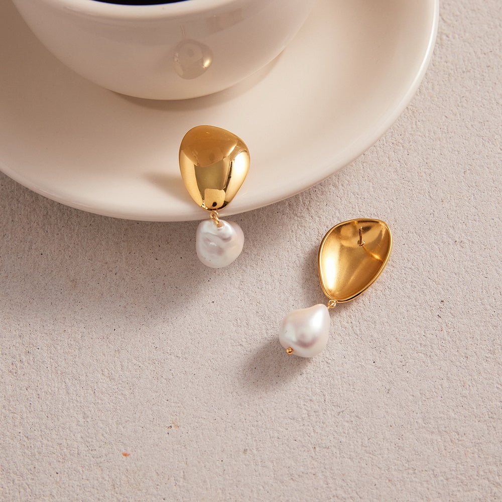 Golden stainless steel pearl pendant earrings