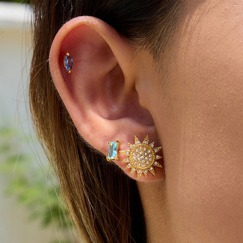 18K gold stainless steel moon and sun earrings with white diamonds