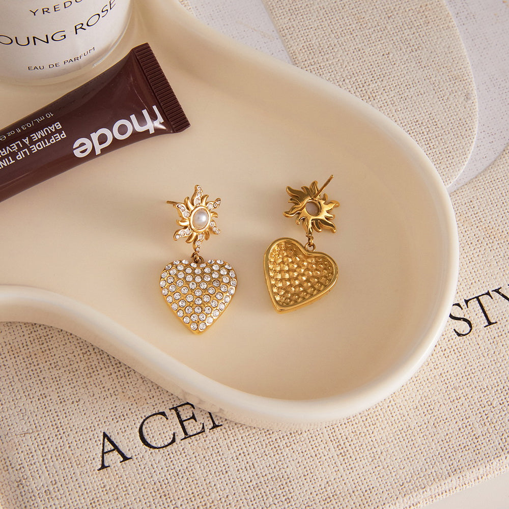 Golden stainless steel pearl heart-shaped rhinestone pendant earrings