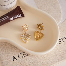 Load image into Gallery viewer, Golden stainless steel pearl heart-shaped rhinestone pendant earrings