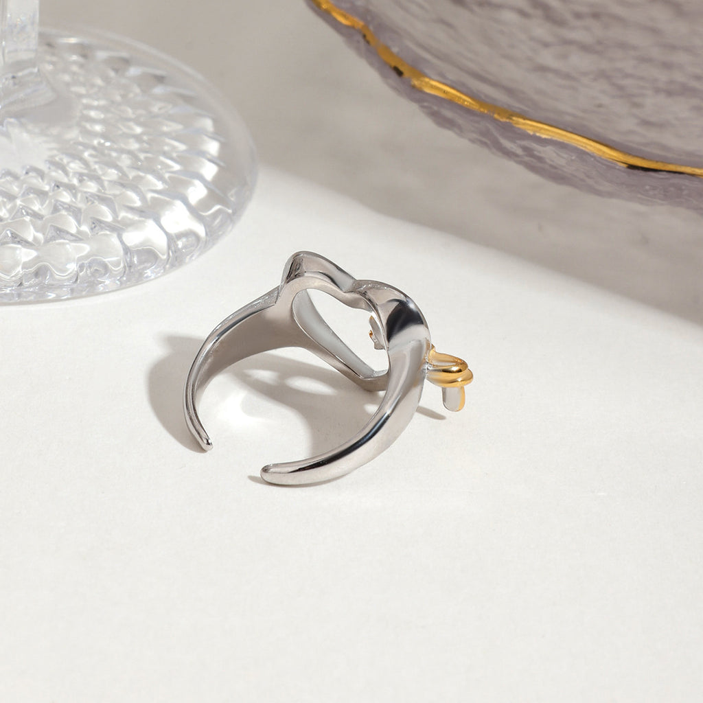 Stainless steel color-blocking hollowed-out heart-shaped bow opening ring