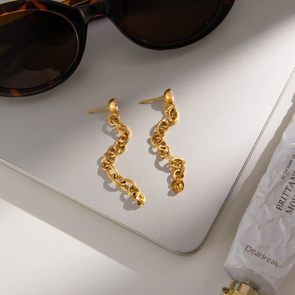 Stainless steel zircon chain tassel earrings