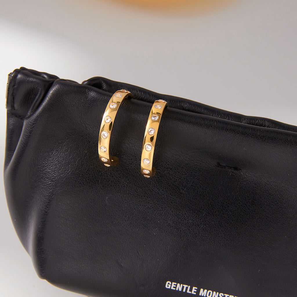 Golden stainless steel zircon C-shaped earrings