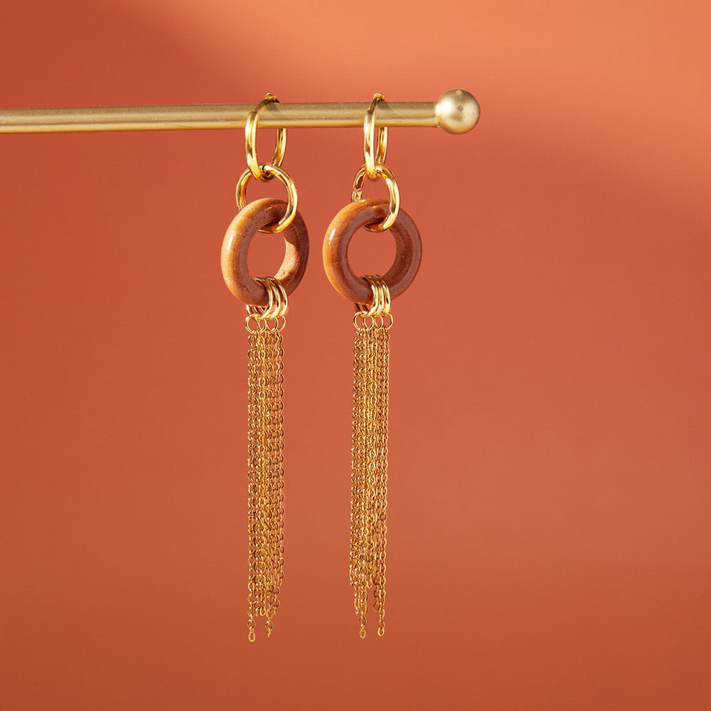 Wooden tassel stainless steel earrings